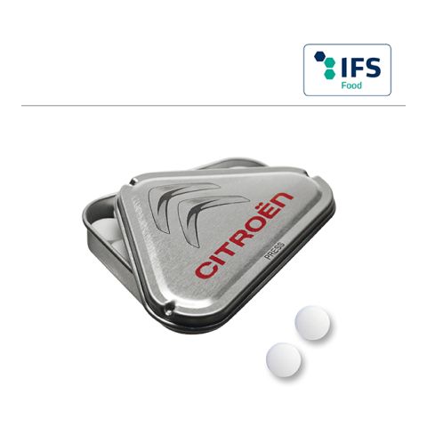 Triangle CLICK CLACK tin with peppermint pastilles, 9mm 1C Digital Print