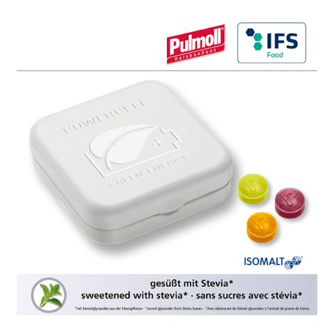 Quadro tin with embossed lid with Pulmoll throat candies Embossing