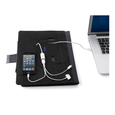 PU A4 Folder With Power Bank &amp; Tablet Holder Black | 1-Colour Pad Print