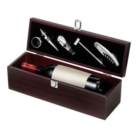 Wine Set In Wooden Gift Box Brown | 1-Colour Pad Print
