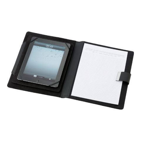 PU A4 Folder With Power Bank &amp; Tablet Holder Black | 1-Colour Pad Print